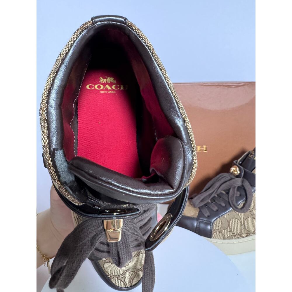 Coach Ray Outline Signature High Top Sneakers Khaki Chestnut 6.5 New Defect - Picture 3 of 14